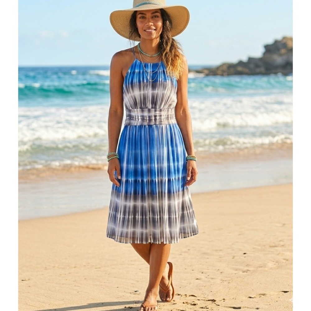 Maggy London 6 Blue Grey Tie Dye Halter Midi Dress Ruched Waist Pockets Artsy